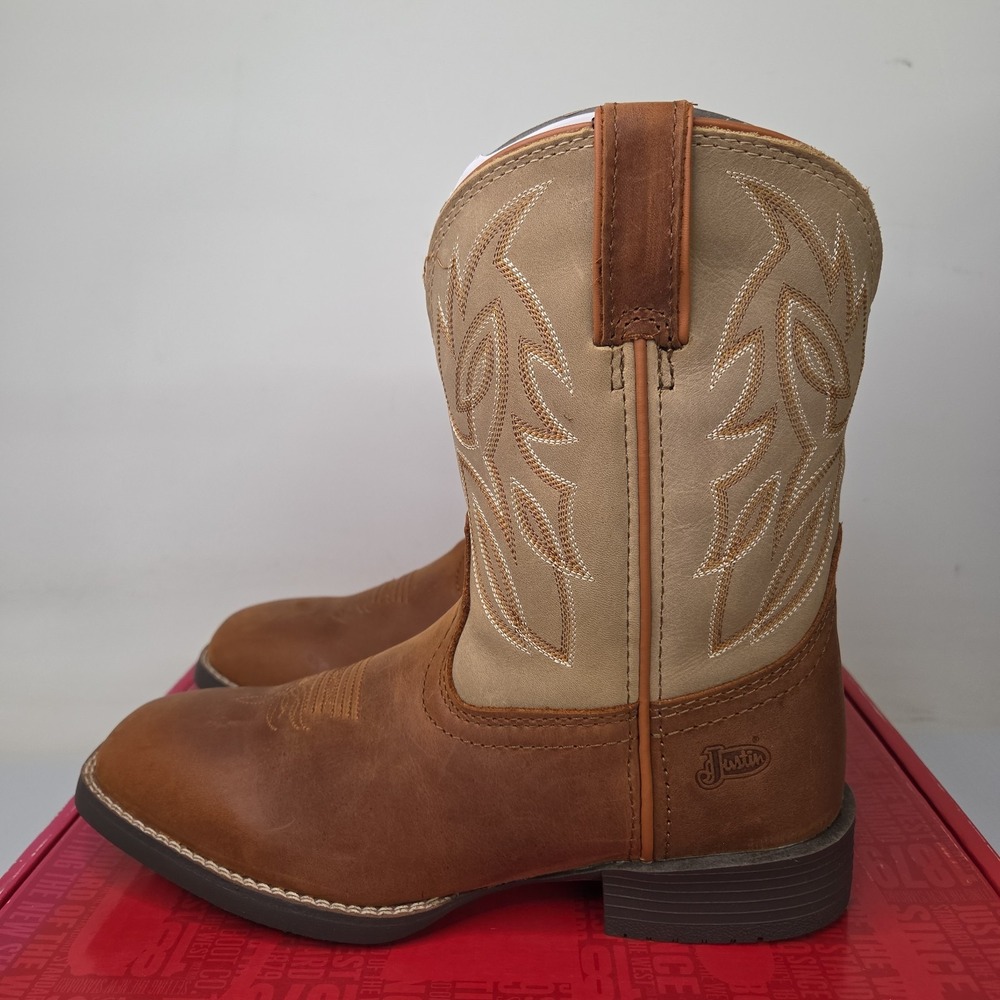 Justin Stampede Kids Western‎ Boots Brown JK7511 Juniors Size 5 D Square Toe New